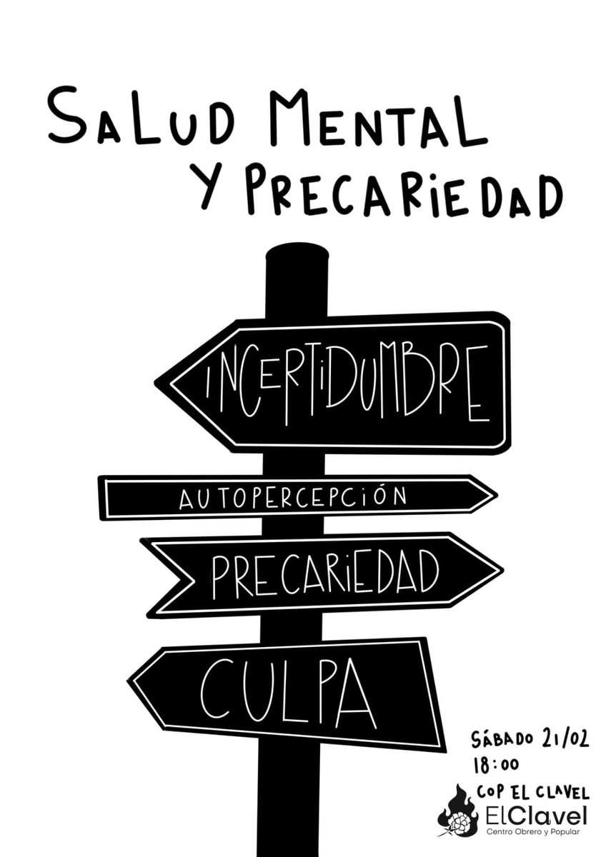 Salud mental y precariedad.

Este próximo sábado 21 tendremos un encuentro con especialistas de la psicología clínica y otros ámbitos para hablar de todos estos temas.

🗓️ Sábado 21 de febrero 
🕒 18:00h
📍 COP El Clavel. C/ de la imagen, 26
🚇 Entrevias-Asamblea de Madrid