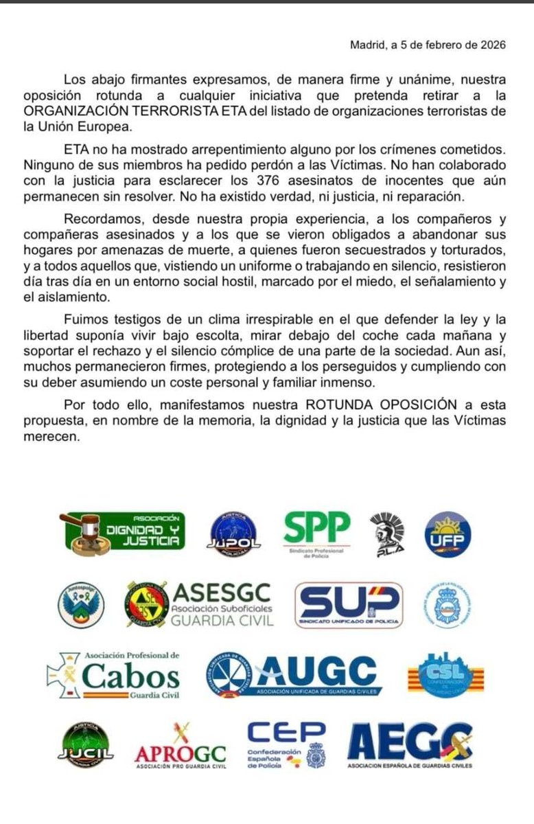 🙅‍♂️Oposición rotunda a cualquier iniciativa que pretenda retirar a la ORGANIZACIÓN TERRORISTA ETA del listado de organizaciones terroristas de la Unión Europea.

#ProfesionDeRiesgoYa
#AutoridadYa

⚔️🇦 🇪 🇬 🇨 🇪🇸