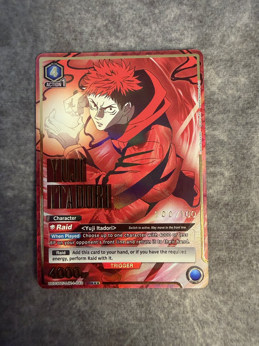 ThunderReachXD's tweet photo. @ninjamac Hello Adam, I pulled the serialized Yuji 100/100 last night and some mutuals told me to try and reach out to you as you collect serial Yuji. If you have any interest feel free to dm me! https://t.co/cZ0rbaCqn4
