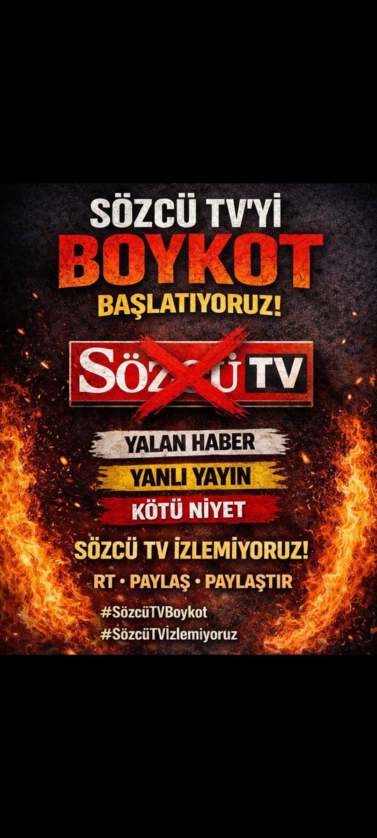 Yalanı haber,
algıyı gerçek,
niyeti gazetecilik diye sunan bir anlayışı reddediyoruz.

📺 İZLEMİYORUZ
❌ İZLETMİYORUZ
🔁 RT’LEYİP PAYLAŞIYORUZ

Taraflı yayın, kötü niyet ve manipülasyon karşısında susmak yok.

Sözcü TV’yi boykot ediyoruz.

#SözcüTVBoykot #SözcüTVİzlemiyoruz