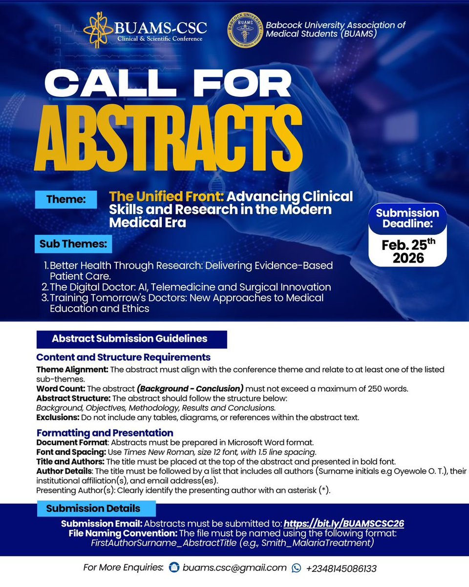 the_beardedsina's tweet image. The Largest Clinical and Scientific Conference organised by Babcock University Association of Medical Students is on the March 16, 2026.

Don't miss this.
Registrations are on.

Secure your spot now, Click here👇
bit.ly/BUAMSCSC26