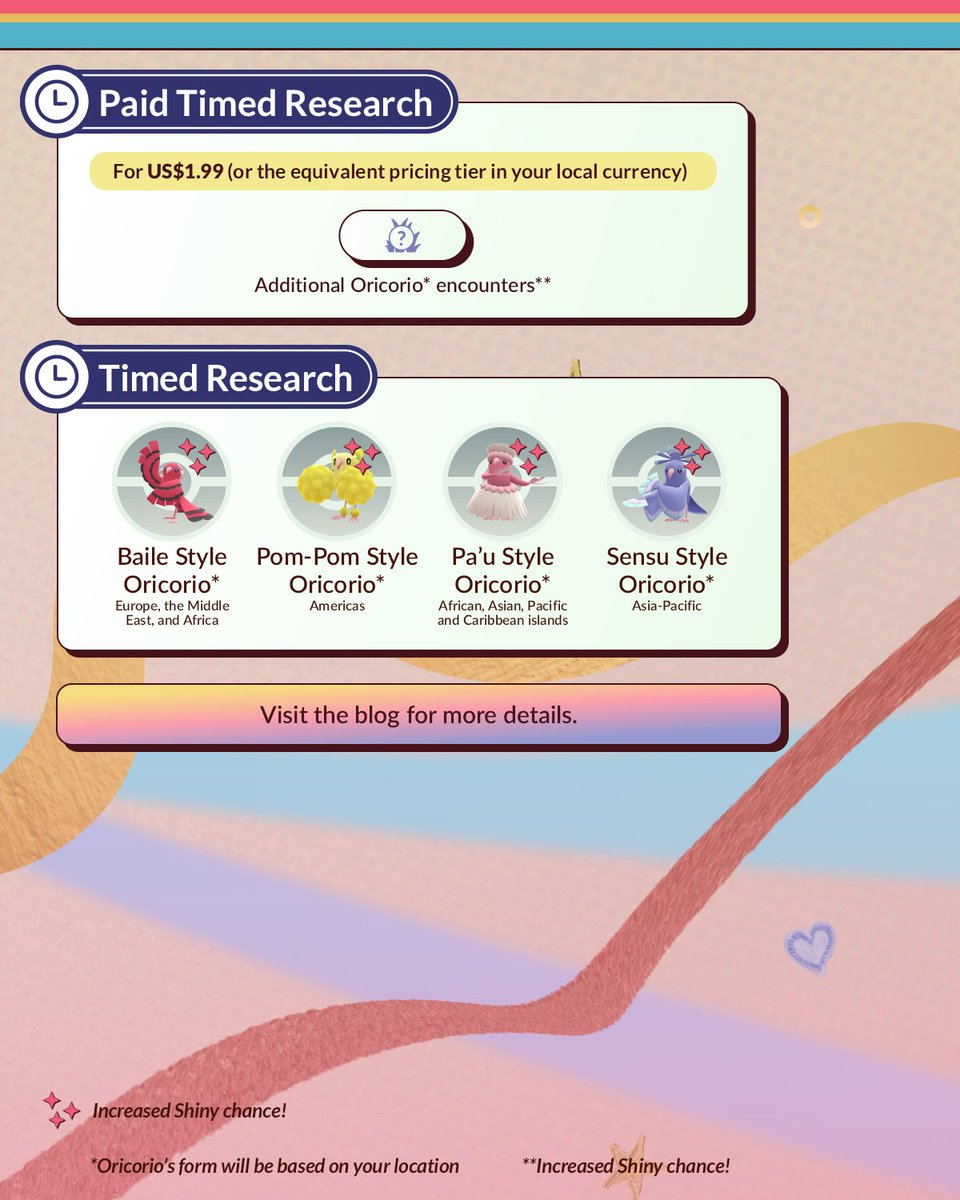 The Catch Mastery event has started in #PokemonGO! 

Enjoy:  ⭐ Increased chance of encountering 
Hoothoot, Starly, and Shiny Oricorio!
⭐ 2× XP for Nice Throws or better
⭐ Increased Candy for Nice Throws or better