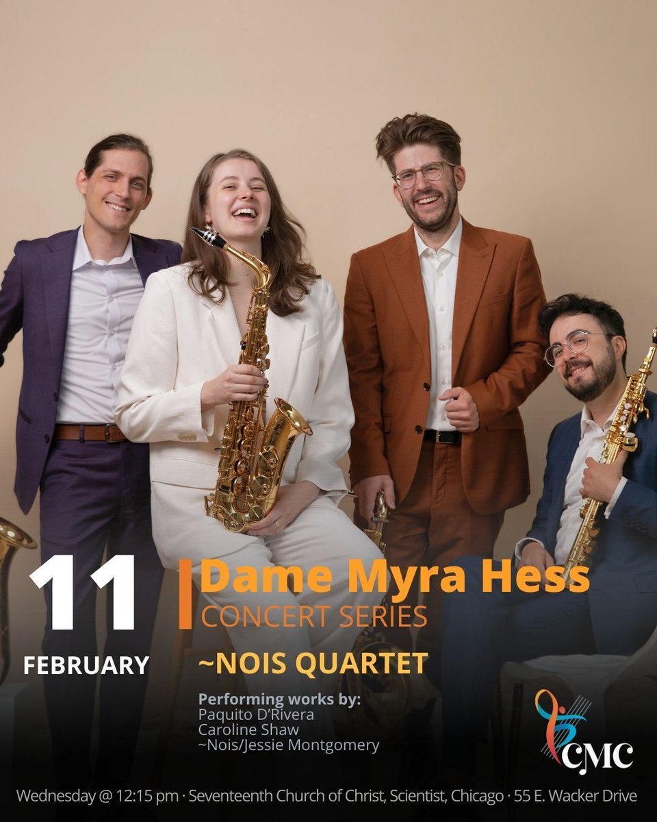 We’re excited to welcome ~Nois Quartet, reinventing “noise” at this Wednesday’s Dame Myra Hess Concert!

📅 Wednesday at 12:15 PM
📍 Seventeenth Church of Christ, Scientist
🎟️ Free admission