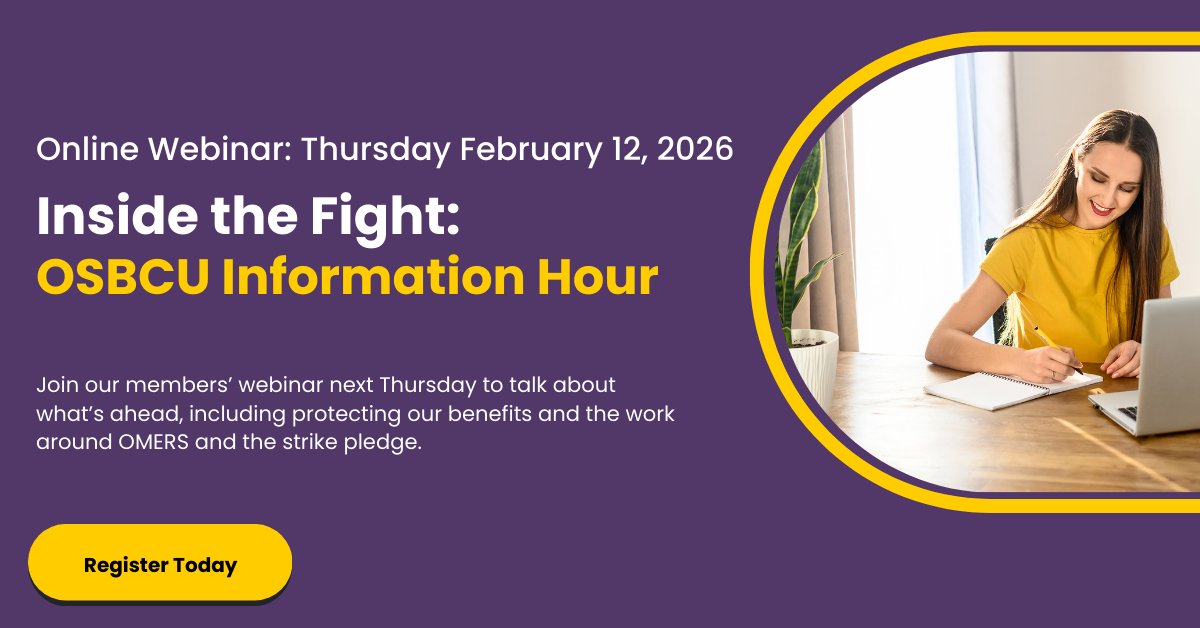 osbcucscso's tweet image. This fight affects us all. Let’s get informed and ready to win! 💜✊ Join our members’ webinar next Thursday to discuss protecting our benefits and the strike pledge. 👉 Register now: ow.ly/ifKk50YaqYH #BetterSchoolsBetterTomorrow #OSBCU #CUPE