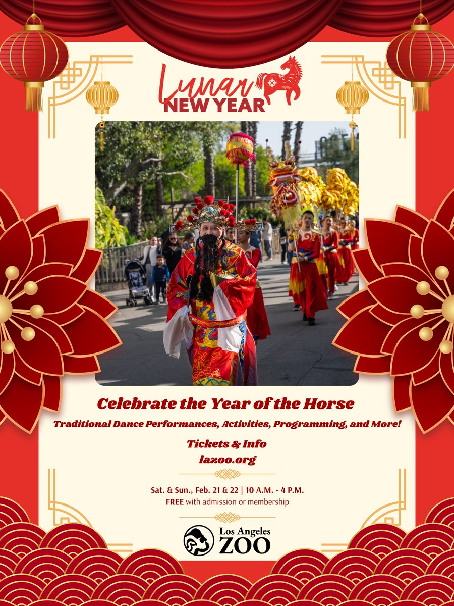 LACity's tweet image. Mark your calendars 🗓️ The @LAZoo celebrates Lunar New Year🏮on Feb 21–22 with special activities and performances honoring the Year of the Horse. Event info &amp;amp; tickets at lazoo.org.