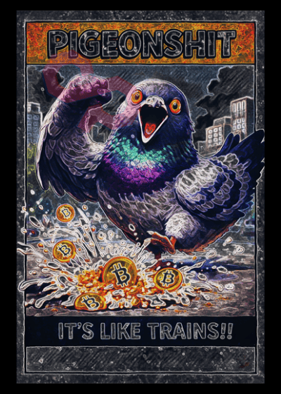 Season 2 • Card #7
PIGEONSHIT
tokenscan.io/asset/PIGEONSH…
Artist: @Sanzman222
Supply: 69
rarepigeons.com/season-2/
#RarePigeons #BitcoinNFT #Counterparty #XCP #Bitcoin #OnChainArt #CryptoArt