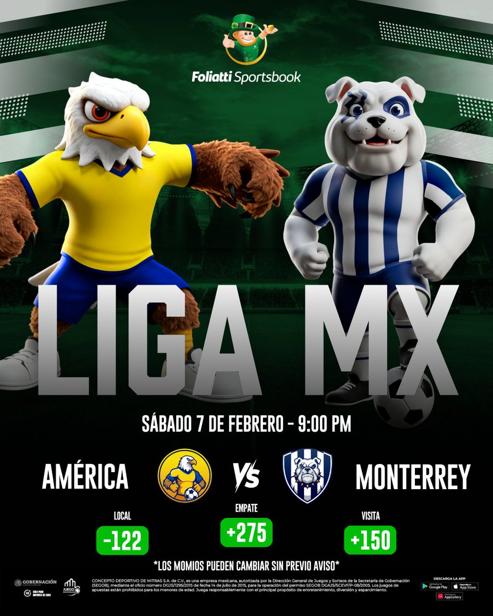 🦅 #América y #Monterrey Ⓜ️ cierran la Fecha 5 como platillo fuerte del día 

🎰 Te esperamos en nuestros Sportsbook en Sendero, Mitras, Guadalupe, Esmeralda, Satélite, Neza, Ajijic e Irapuato para que aoyes a tu equipo favorito.

#RecárgateDeDiversión 🔋🤑
