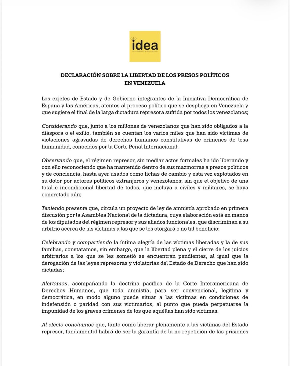 IDEA_Grupo's tweet image. @SecRubio 32 ex jefes de Estado del Grupo IDEA – Iniciativa Democrática de España y las Américas, demandan la liberación incondicional de todos los presos políticos, civiles y militares, tanto como la derogación de las leyes represoras dictadas en Venezuela