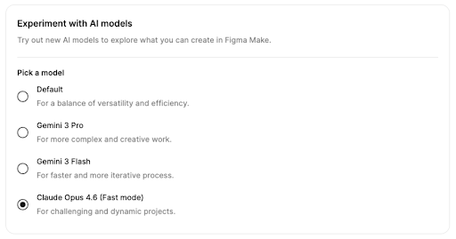 Anthropic’s research preview for Claude Opus 4.6 (Fast mode) is here, and it's in Figma Make for a limited time (for free and 2.5x the speed)

Show us what you've made in Make and we'll DM you for special access through the weekend