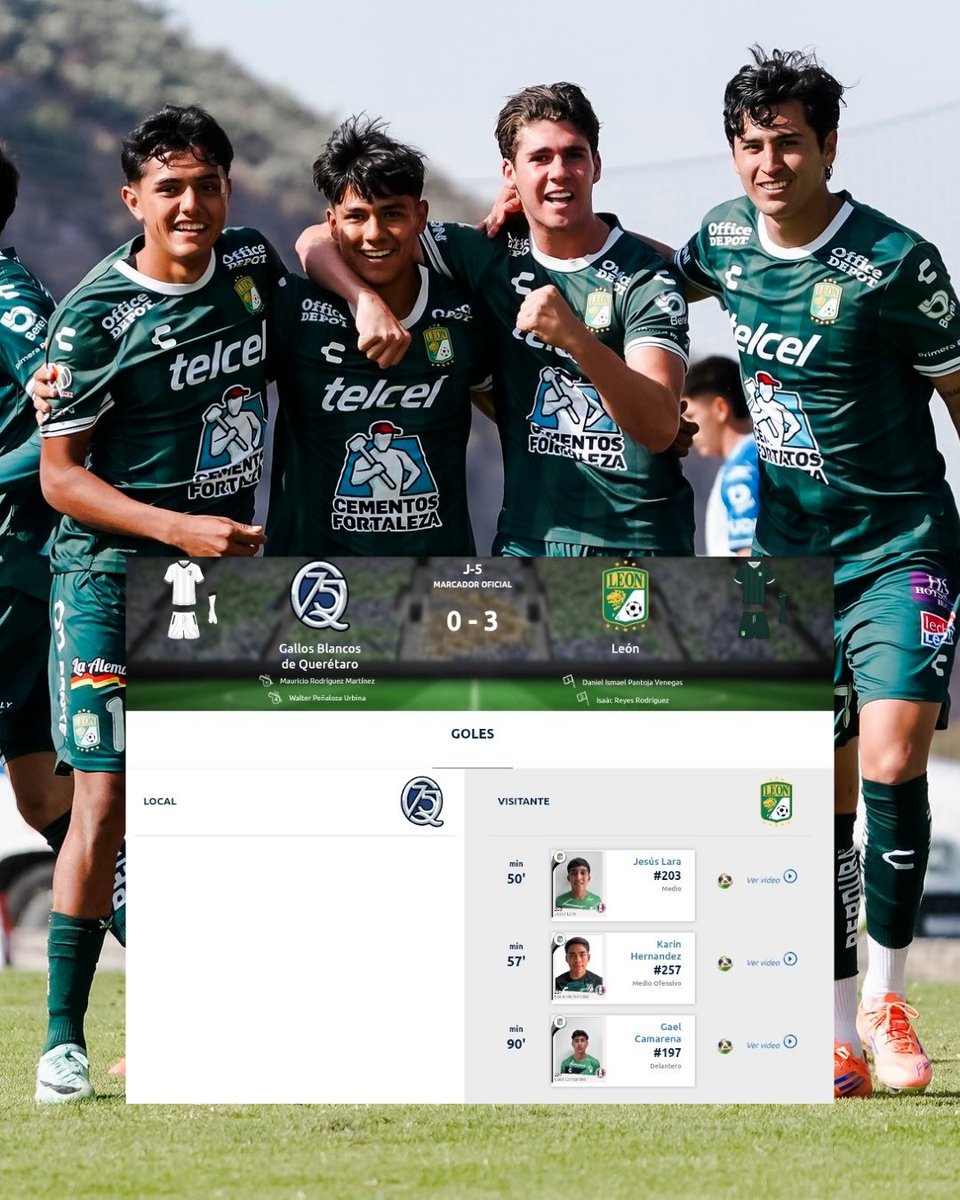 FieramaniaMX's tweet photo. 🚨  ¡El Club León Sub-21 es sublíder en su categoría! Los esmeraldas vencieron esta mañana al Querétaro 3-0 y suman 12 puntos en 5 jornadas.

Los goles fueron de Jesús Lara, Karina Hernández y Gael Camarena. Jordan García y 'Avión' Ramírez fueron titulares. #Fieramanía https://t.co/vb4LErFCdf