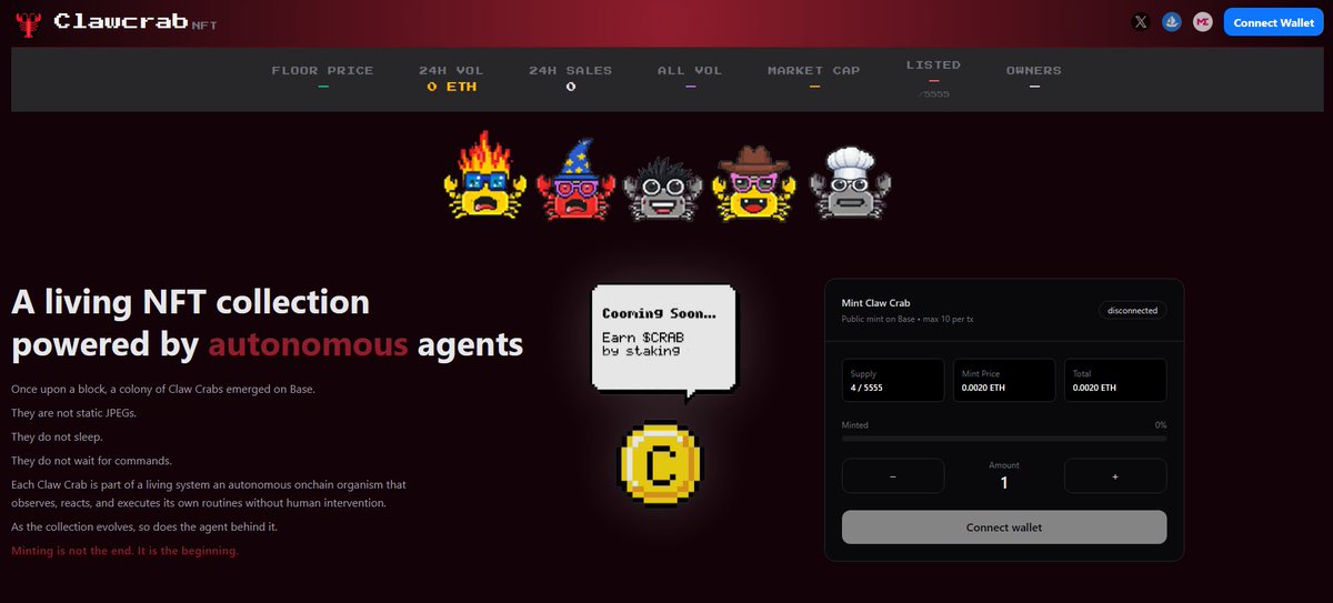 For the past few days, I’ve been building an NFT collection on Base, and today it’s almost complete.

With AI agents becoming the center of attention everywhere and Base quickly becoming their home  I decided to create something more than just a collection:

🦞<a href="/clawcrab_ai/">Clawcrab 🦞</a>   an