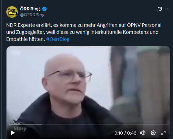 wenig_worte's tweet photo. Nicht nur, dass der ÖRR Blog aus einer Reportage von 2025, 46 Sekunden zu einem  Mini-Clip so zurecht schneidet, damit er sich anhört, als bezöge er sich auf den totgeschlagenen Zugbegleiter 2026 - man lügt auch die Aussage um.

Diese Behauptung ⬇ stellt ÖRR Blog auf, nicht NDR. https://t.co/7cWZUyK6lT