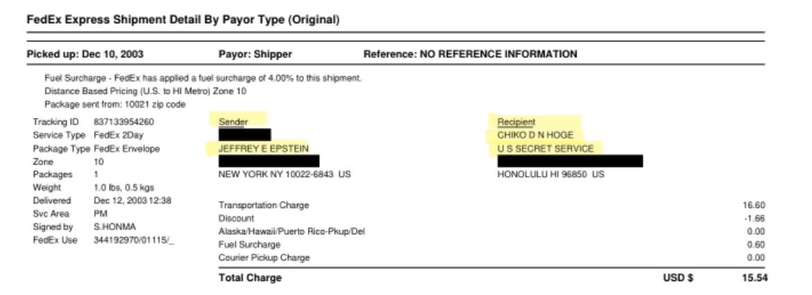 davenewworld_2's tweet photo. In 2003, Epstein sent a package to an agent in the US Secret Service named Chiko Hoge.

In 2008, an assistant US Attorney brought it up and said "it looks like it was around the time that JE took Clinton to Africa."

Why did a federal prosecutor bring up Clinton?

How does Chiko Hoge fit into this?

What was in that package?

I found an article from the US Army website that mentions a Special Agent Chiko Hoge with the US Secret Service, Honolulu Bureau.

What was their connection to Jeffrey Epstein in 2003?