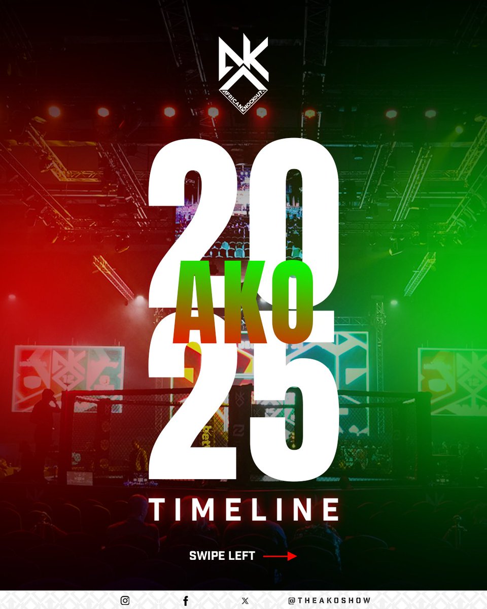 TheAKOShow's tweet photo. [1/2] 🔥 THE AKO 2025 TIMELINE ⏪

Five events. One journey.
2025 was built on moments, finishes, and champions inside the cage.

👉 Swipe through the timeline
💬 Which moment defines 2025 for you?

#AKO2025 #AfricanKnockout #AKO #MMAAfrica #CombatSports #AfricaMMA #FightNight https://t.co/DKEEhRUln3