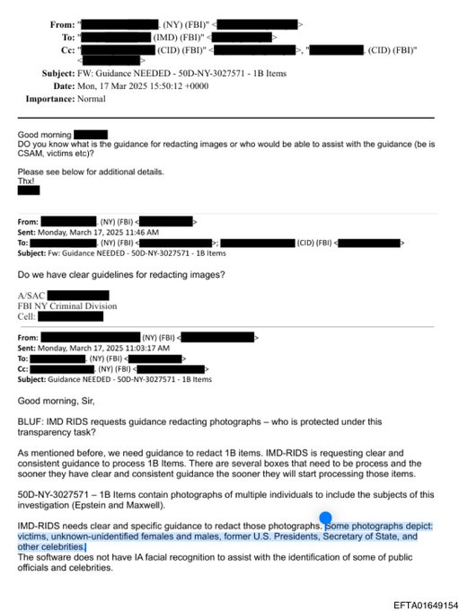 The Epstein files just got darker.

Internal FBI discussions allegedly show “clear and specific guidance” to redact images tied to former U.S. presidents, a secretary of state, and major celebrities.

Not to protect victims.
To protect names.

Millions of files released.
Powerful