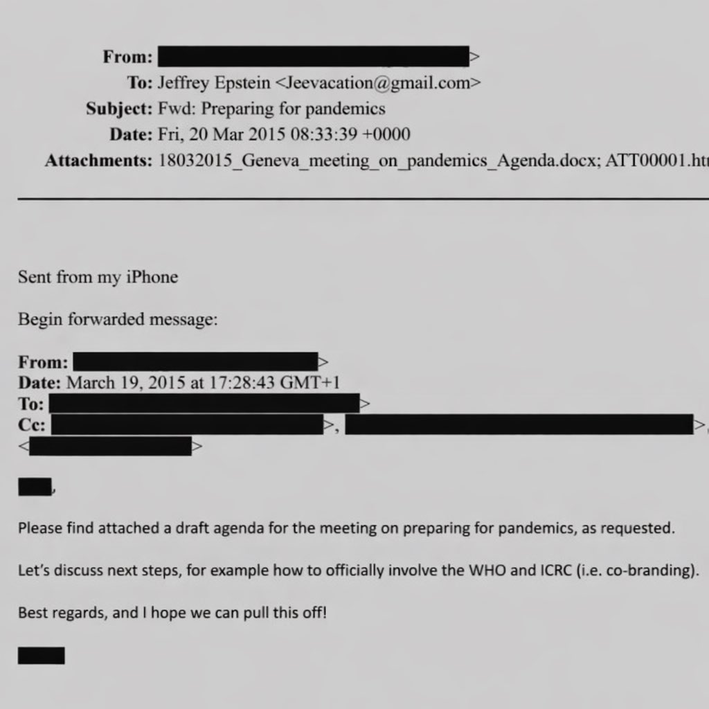 ukhawar0's tweet photo. LOOK WHAT I’VE FOUND. an email from epstein files in 2015 that says “Let’s discuss the next step, for example how to involve WHO officially” & then “I hope we can pull this off” 
Later in 2019, an event 2O1 happens; a simulation of global pandemic to see how each organization reacts. 
Then at the end of 2019, comes Corona Virus! 
Don’t wanna say much now. be wise
