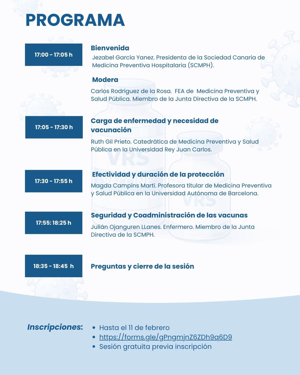 ⏰ ¡Últimos días para inscribirte!🦠 VRS: lo que debes saber en 2026. Actualiza tus conocimientos en una sesión online gratuita con especialistas en Medicina Preventiva y Salud Pública.
🔗 forms.gle/gPngmjnz6zDh9g…
Con <a href="/AEV_Vacunas/">Vacunas.org</a> <a href="/anenvac/">ANENVAC | Enfermeria y Vacunas</a> <a href="/SEMPSPH/">SEMPSPGS</a>