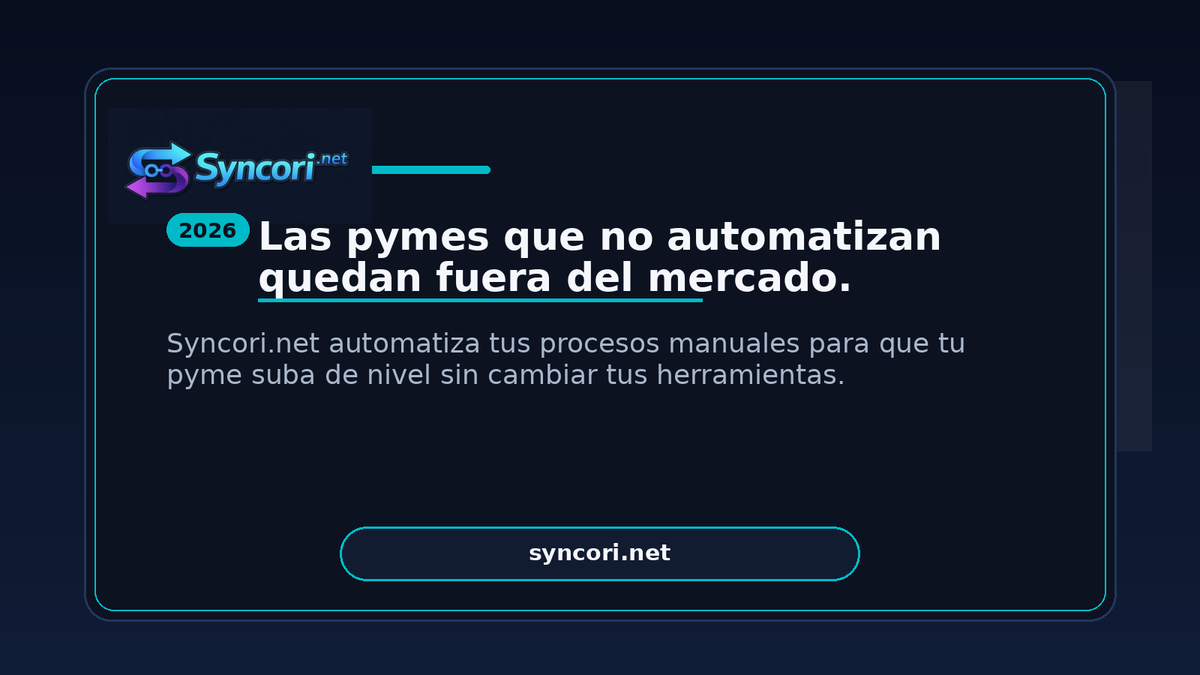 Syncori_net's tweet photo. En 2026, operar “a mano” te deja atrás.
En https://t.co/AlBpQdNW4K automatizamos e integramos tus procesos sin cambiar tus herramientas: menos errores, menos doble carga, más trazabilidad.
👉 DM “FLUJO” o https://t.co/95OwwJNJvm (link en el perfil)

#PyMEs #Automatización https://t.co/GqFX05A67Q