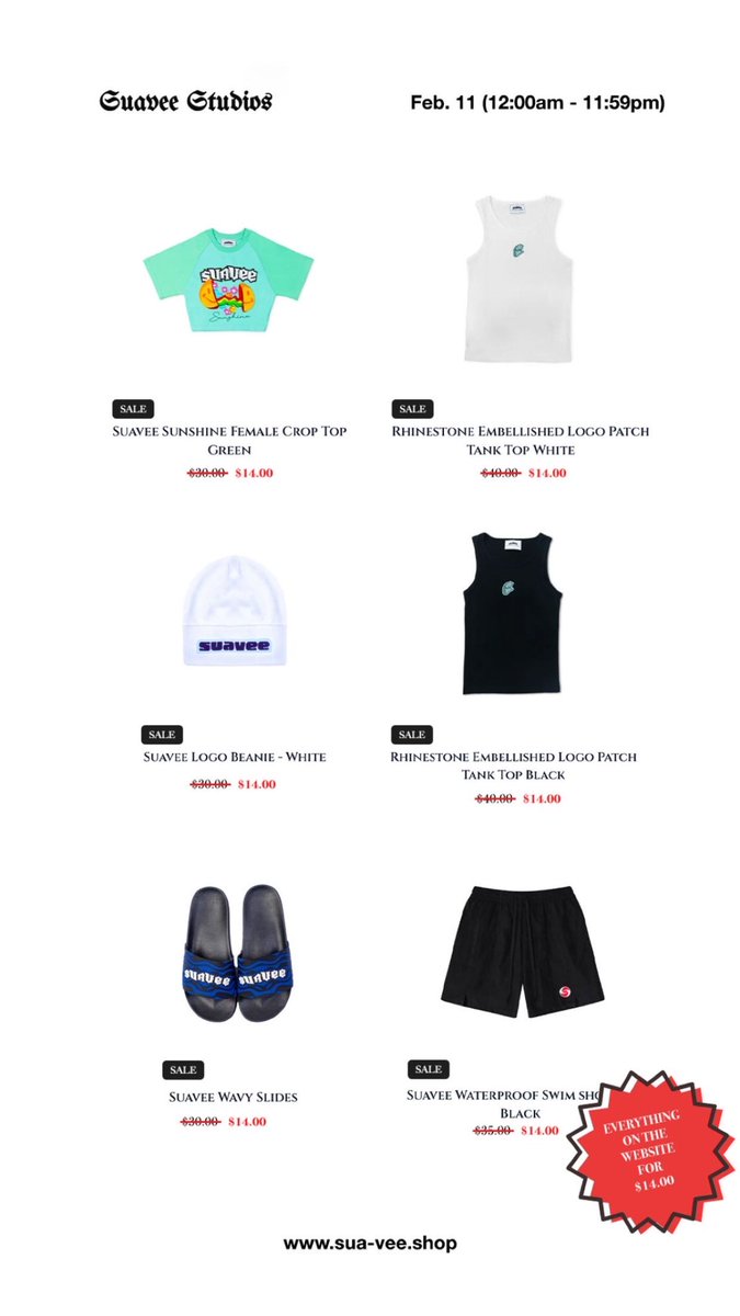 each product on the website for $14

📅 11th of February 2026
🕰️ 24 hours only

Celebrate valentine in style with suavee❤️

visit sua-vee.shop and sign up for our waitlist
