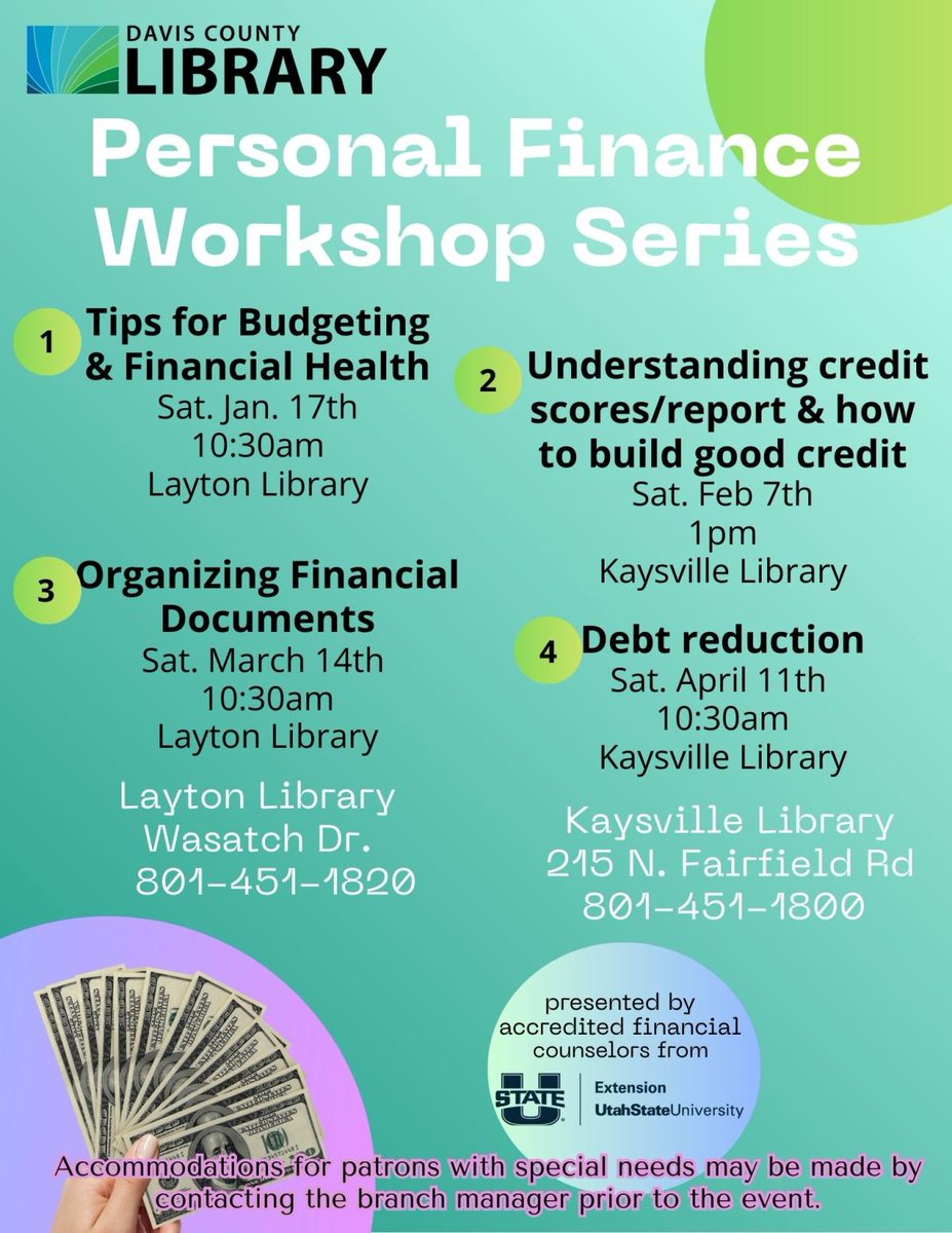 Keep your financial goals solid with a good credit score.  Join us at 1 pm for part 2 of our finance series presented by accredited financial counselors from USU. They'll be helping you understand credit, credit reports, and building good credit.  Today at the Kaysville Branch.