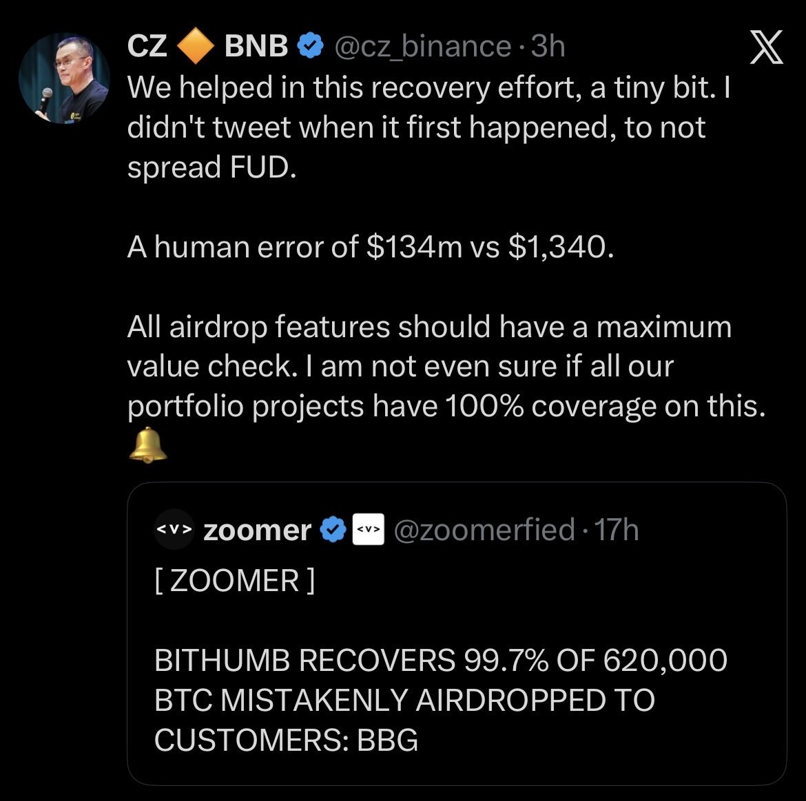 's tweet image. Apparently @cz_binance doesn’t have anything to do with crypto on 10/10

But he is the Lord saviour Jesus Christ when @BithumbOfficial made their $BTC error

Gaslighting levels on turbo