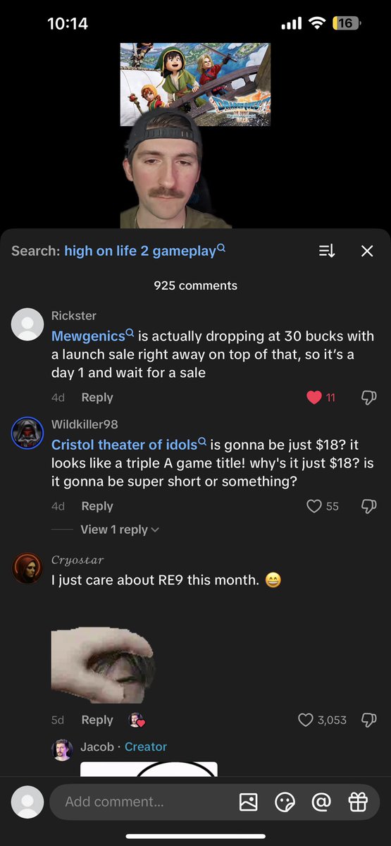 Ricky_wojo's tweet photo. @edmundmcmillen I have not been silent for months when TikToks about upcoming games have been leaving you off the list. This is just a small sampling of the comment crusade I have been on in spreading the gospel of GOTY 2026 https://t.co/K1Dn6mpO6s