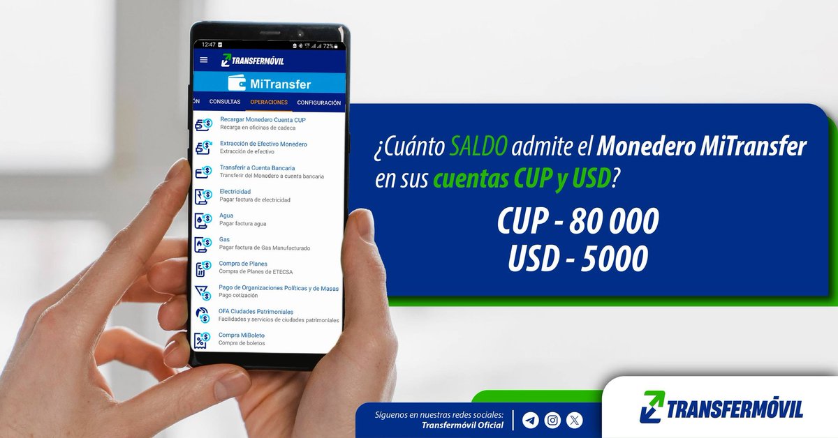 Infórmate sobre cuánto dinero puedes operar en tu monedero #MiTransfer. 📲

Recuerda que al Monedero están asociadas dos cuentas: una en CUP y otra en USD. ¡Conoce sus límites en la imagen!  📎😉