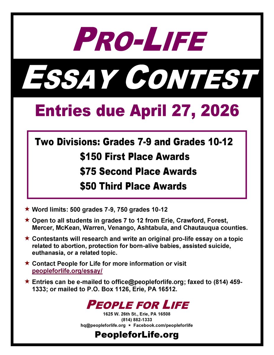 GoPeopleforLife's tweet photo. Pro-life Essay Contest for middle and high school students
https://t.co/6eRdYIstUM https://t.co/ThjepX53Ui