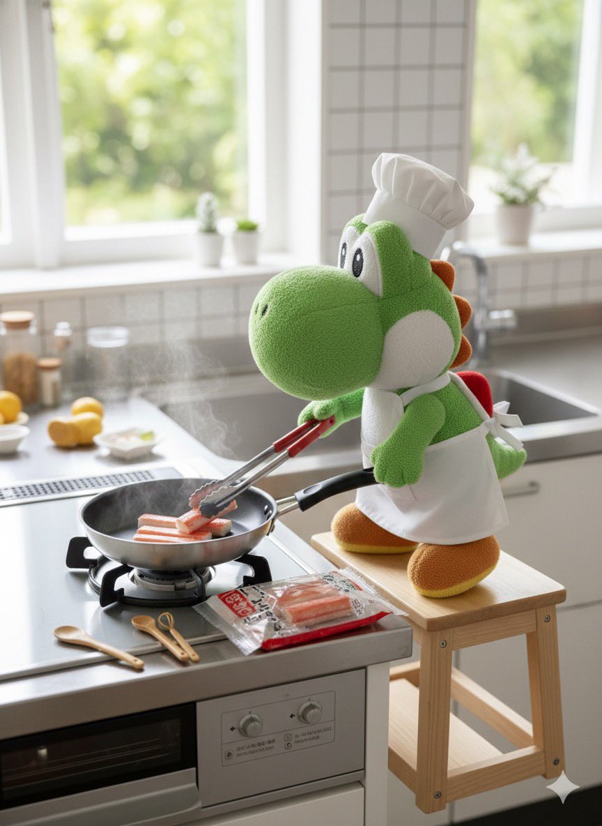 カニカマ焼きを用意するヨゥシ(AI生成)
