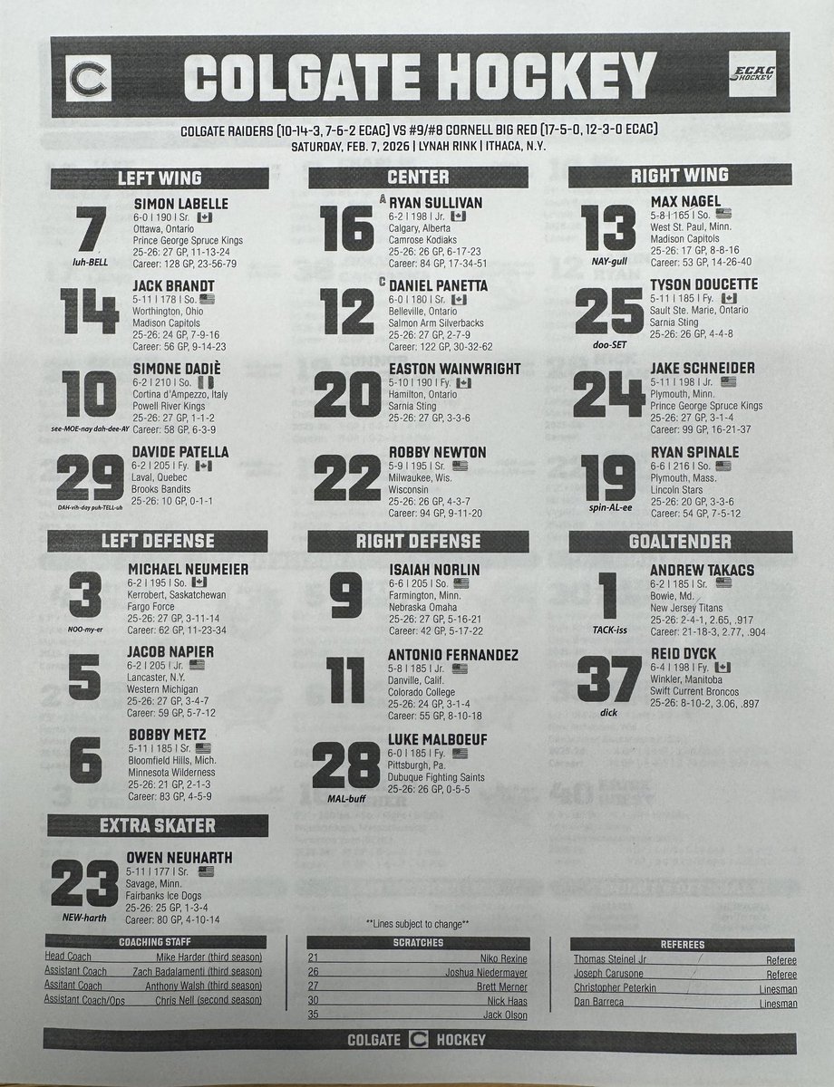 Lines for tonight against Colgate. Ryan Walsh is OUT tonight. Hudson Gorski is the extra skater, and Connor Arseneault gets a taste of center.