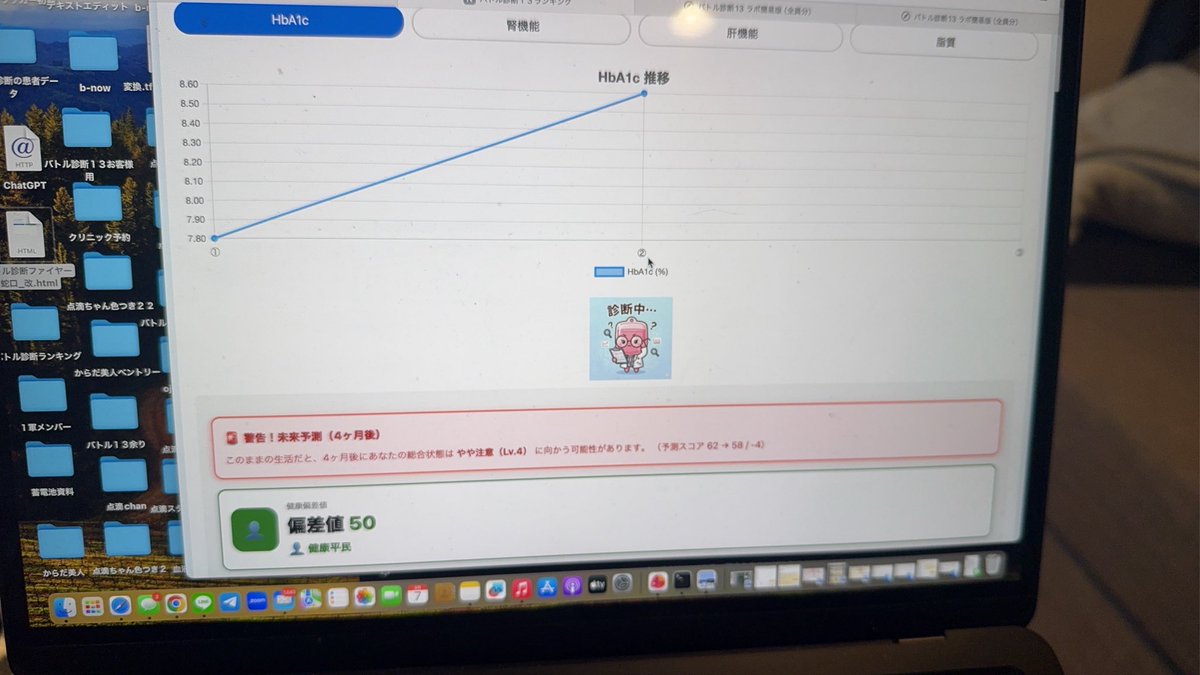 未来予測と健康偏差値出るようバージョンアップ！
診断の紙の山を綺麗にグラフにできる！
仲間のために完全無料👍