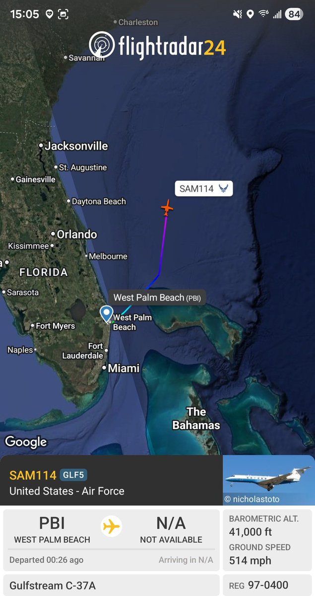 Borrowed7Time's tweet photo. USAF C-37A 97-0400 #AE010D as SAM114 departed W Palm Bch. (PBI). Aircraft arrived from DC-Dulles (IAD) today & originated at JBA (06 Feb).
@sipjack1776 @USGovJets @LadyAstroJet https://t.co/mxm8sKWiLp