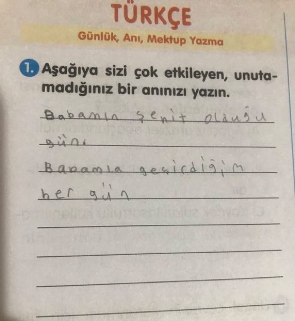 🇹🇷Şehit Özel Harekat Polisimiz Nurettin Ademoğlu’nun kızı Zeynep’in ders kitabına yazdığı yazı...