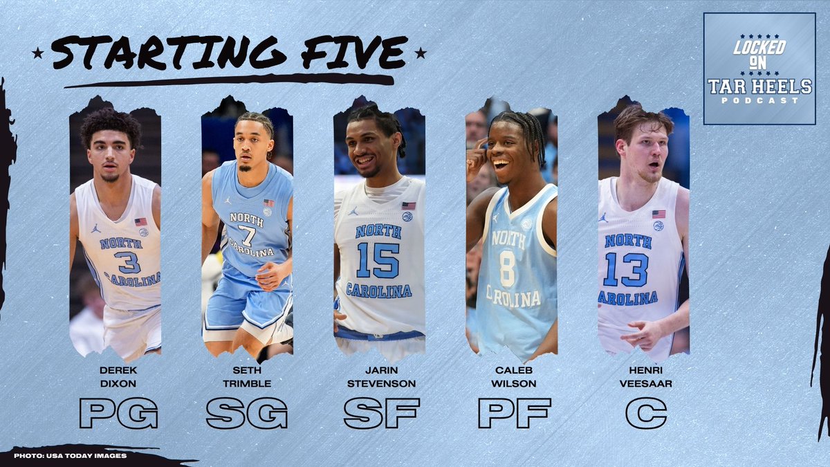 isaacschade's tweet image. Starters for @UNC_Basketball vs. Duke:

Derek Dixon
Seth Trimble
Jarin Stevenson
Caleb Wilson
Henri Veesaar

#UNCvsDuke
