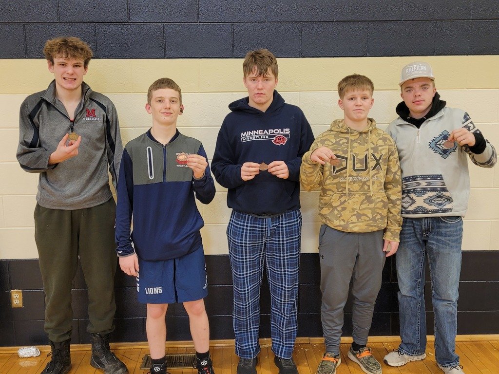 MHS boys wrestling JV medalists from Phillipsburg: L. Christensen 3rd126 lbs. O. Koelling 4th 144 lbs. C. Fern 4th 150 lbs. C. Cline 4th 165 lbs. A. Oppenheim 1st 175 lbs. #LionPride