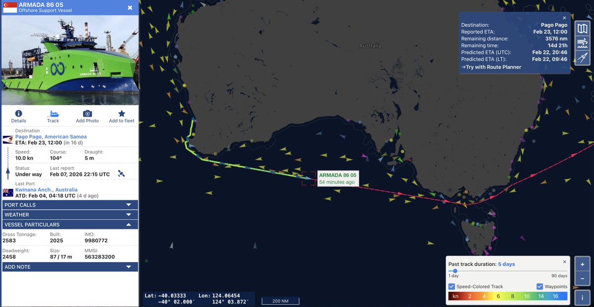 jaysguitars's tweet image. #MH370 #OceanInfinity Here is a look at Armada 86 05's progress on the long trip to Pago Pago. #vesselfinder