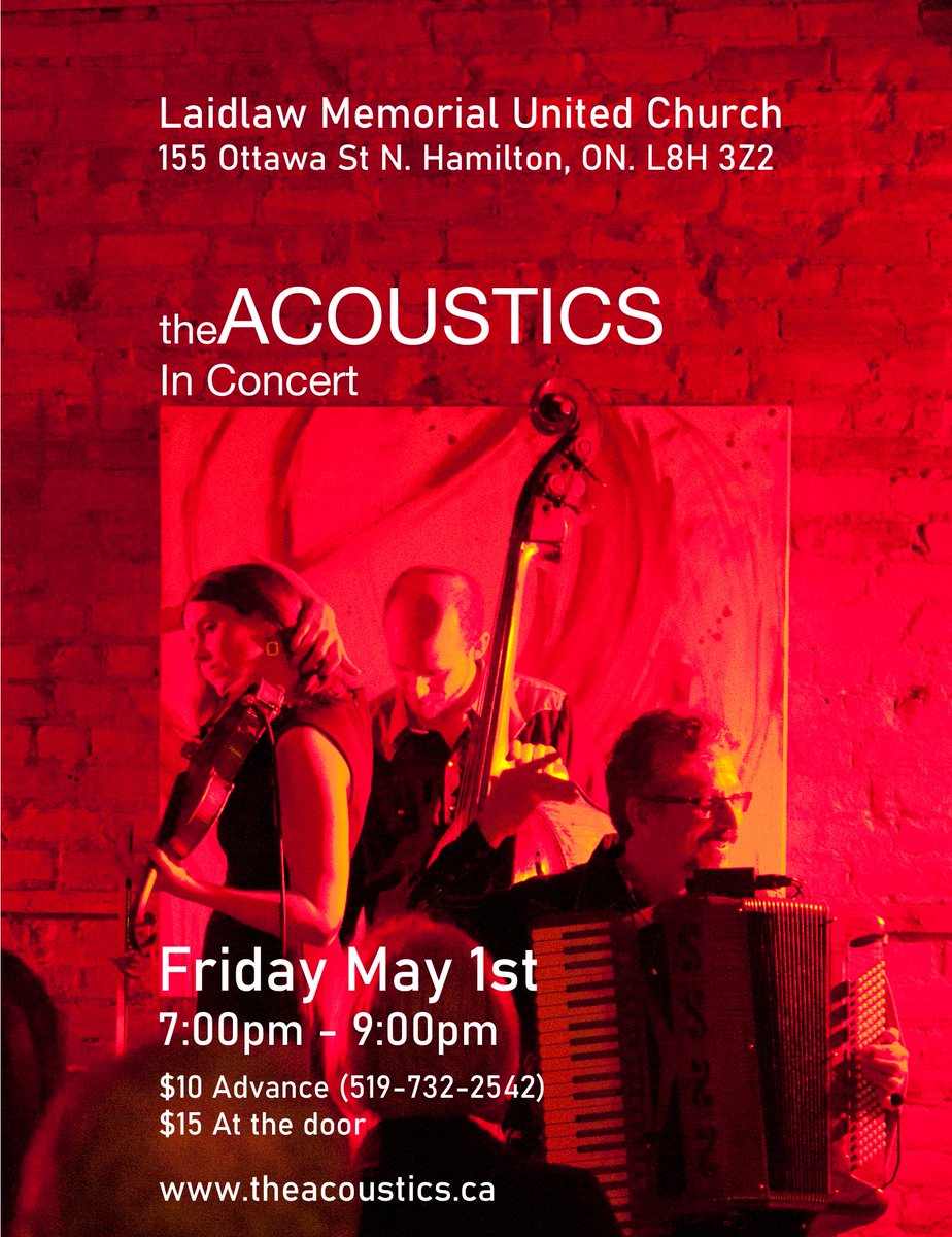 AcousticsBand's tweet photo. In concert The Acoustics
Friday May 1st – 7:00pm - 9:00pm
Laidlaw Memorial United Church
155 Ottawa St N, Hamilton, ON.
$10 Advance. (519-732-2542)
$15 At the door. https://t.co/ZJq7k3IXs4