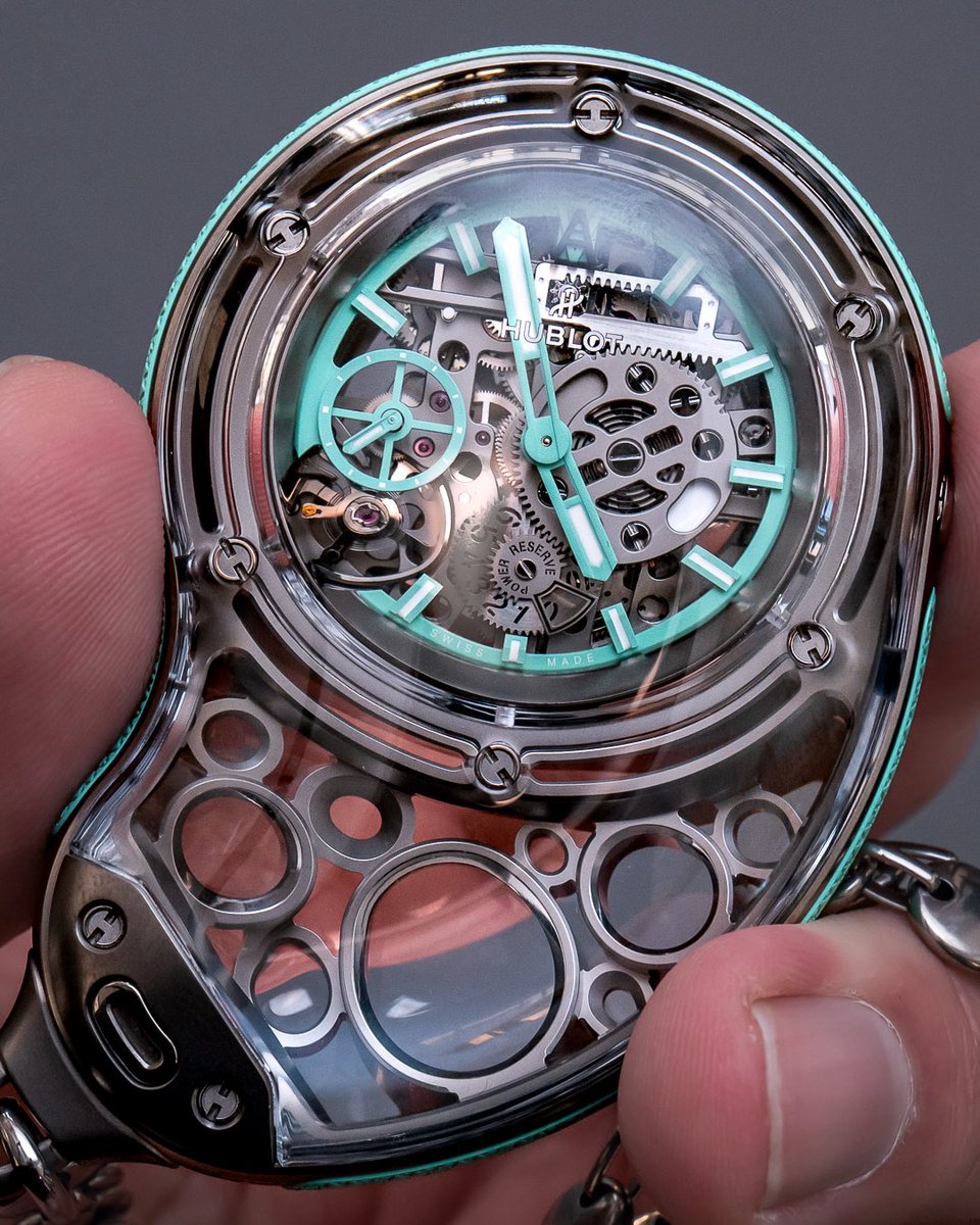clockedby's tweet photo. @DubaiWatchWeek One of the most impressive uses of sapphire crystal I’ve ever seen. The stunning @hublot Daniel Arsham Droplet pocket watch/pendant/desk clock. https://t.co/67S5ZWcs8j