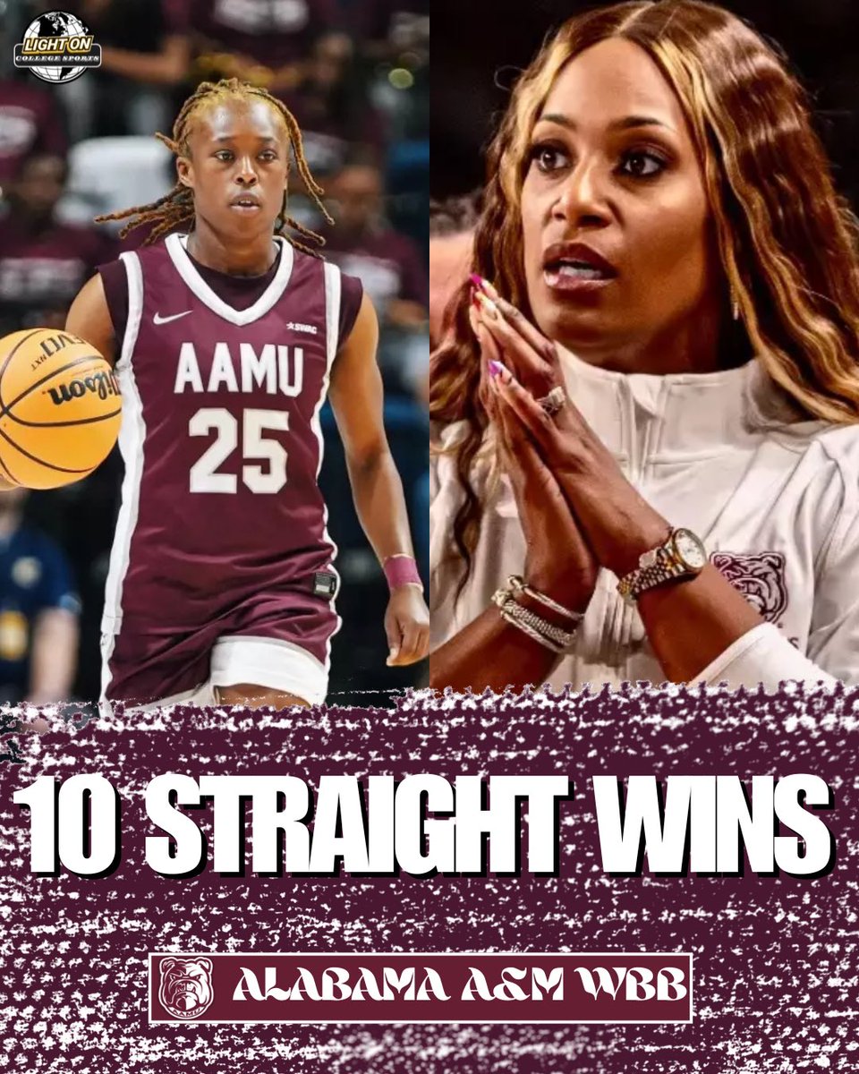 LightOnSports's tweet photo. Alabama A&amp;M is on a 10-GAME WINNING STREAK. 🐶🔥

The Lady Bulldogs defeated Southern today, 56-54. 

@aamuwbb https://t.co/uLhuMCcdQH