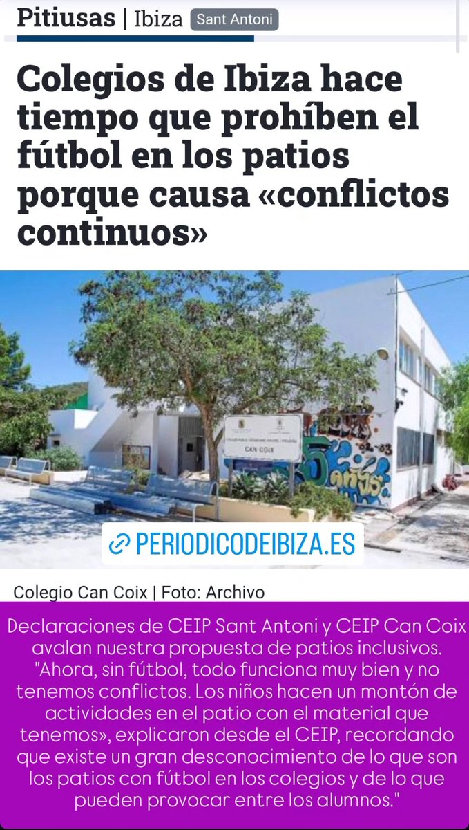 PodemEivissa's tweet photo. MÁS PERIODISMO Y MENOS CLICKBAIT. 
Lejos de titulares sensacionalistas, la realidad es que nuestra propuesta de patios inclusivos (se deberían adaptar al cambio climático) es ya una realidad en la isla tal y como refleja la comunidad educativa. Nunca se habló d eliminar el fútbol https://t.co/uSdl5975N8