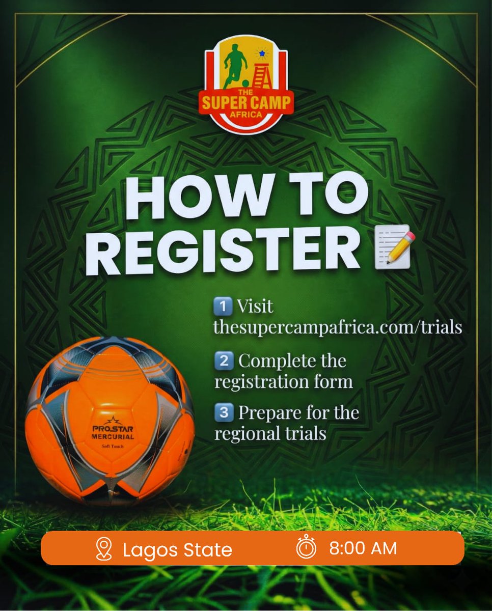 Your football journey starts here ■■
West Africa trials are open! Don’t miss your chance to be discovered and qualify for Super Camp
Africa 2026.
Register now and step into the spotlight.
#SuperCampAfrica #FootballTrials #AfricanFootball #FootballDream #DiscoverNewStars