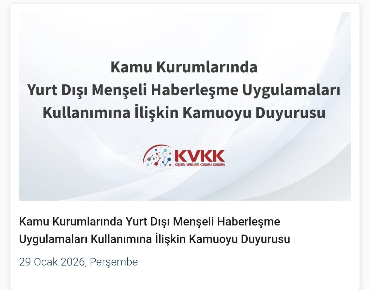 🔉Önemli Duyuru

👉Kişisel Verileri Koruma Kurumu tarafından yapılan 29 Ocak 2026 tarihinde yapılan duyuruya istinaden, 

1️⃣WhatsApp gibi yurtdışı kaynaklı uygulamalar üzerinden genel ya da özel nitelikli kişisel veri paylaşan kamu personelleri hakkında idari para cezası