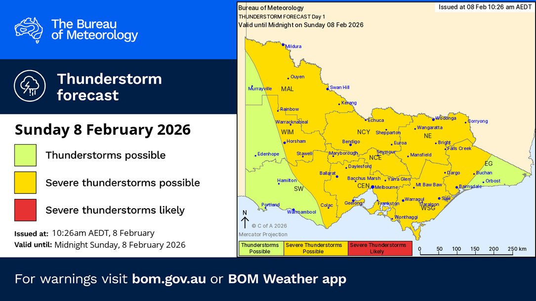 BOM_Vic's tweet photo. ⛈️Today's thunderstorm forecast:
🟢Non severe thunderstorms possible statewide, more likely this afternoon
🟡Severe thunderstorms through most areas, except the far west and far east
Risks: heavy rainfall, damaging winds, large hail.
https://t.co/DM2YwoLOU1 https://t.co/ajZqBjMRR6
