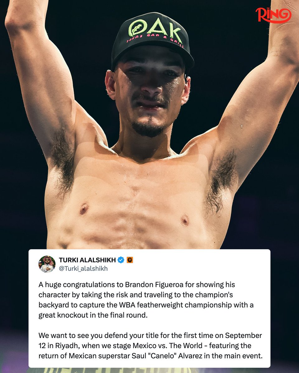 ringmagazine's tweet image. Turki Alalshikh wants to see newly crowned champ Brandon Figueroa on the Canelo Alvarez undercard on September 12th in Riyadh 😳