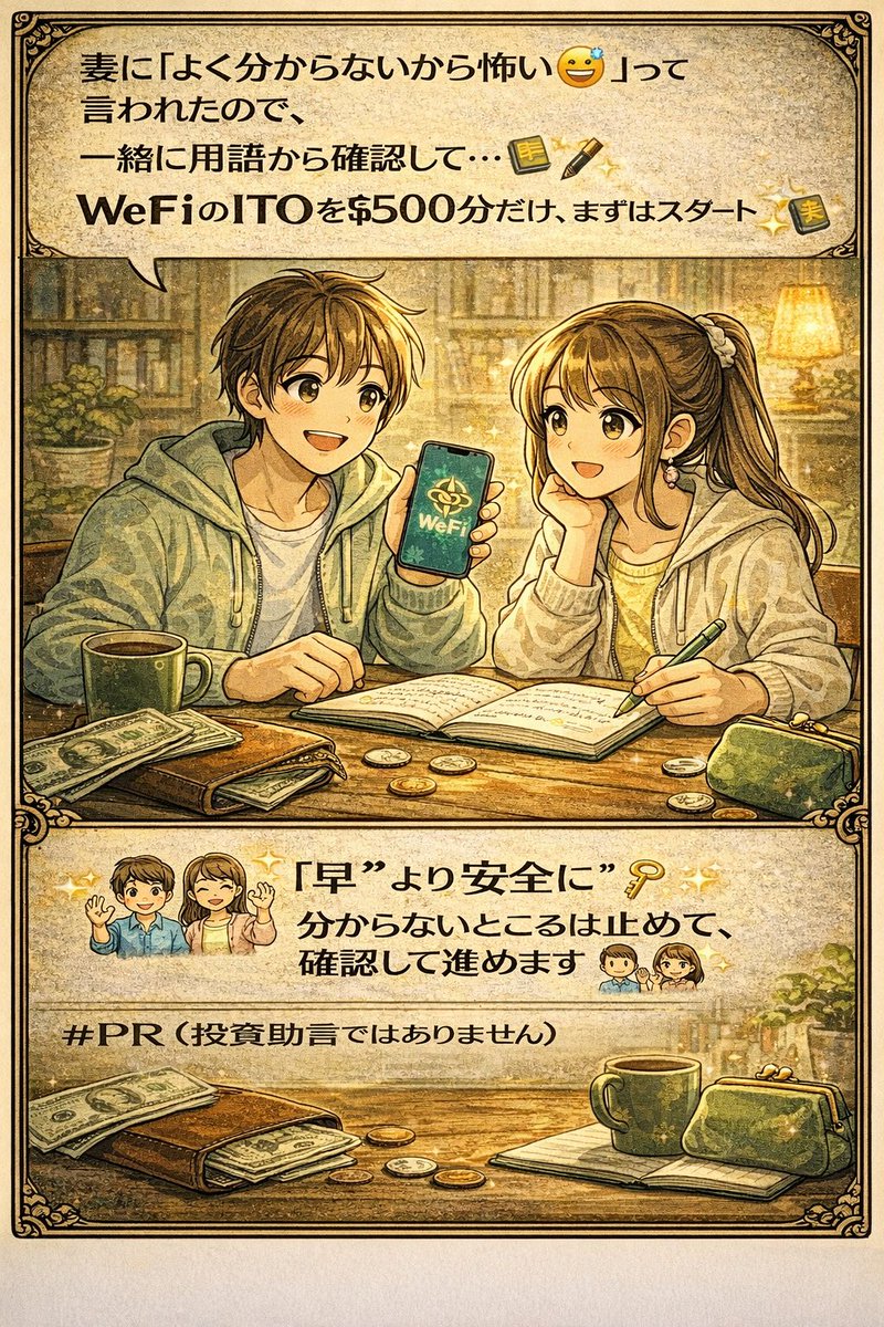 妻に「よく分からないから怖い😅」って言われたので、
一緒に用語から確認して…📒🖊️
WEFIのITOを$500分 だけ、まずはスタートしました✨💵

“早く”より“安全に”🔑
分からないところは止めて、確認して進めます🙆‍♂️🙆‍♀️

#PR（投資助言ではありません）

Join WeFi – your new way to earn, spend &amp; grow