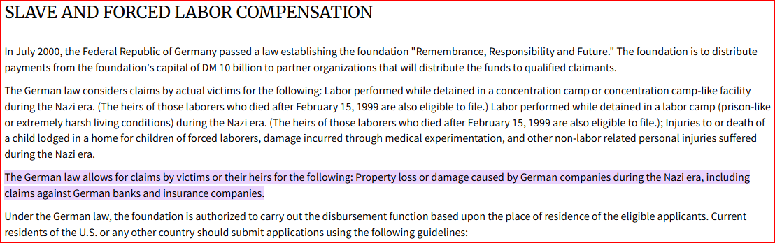 Germany's own restitution law lets heirs claim for property loss and damage tied to Nazi crimes,  including against banks and insurers, because justice isn't erased by death. Reparations aren't a handout, they're a legal remedy passed through generations.