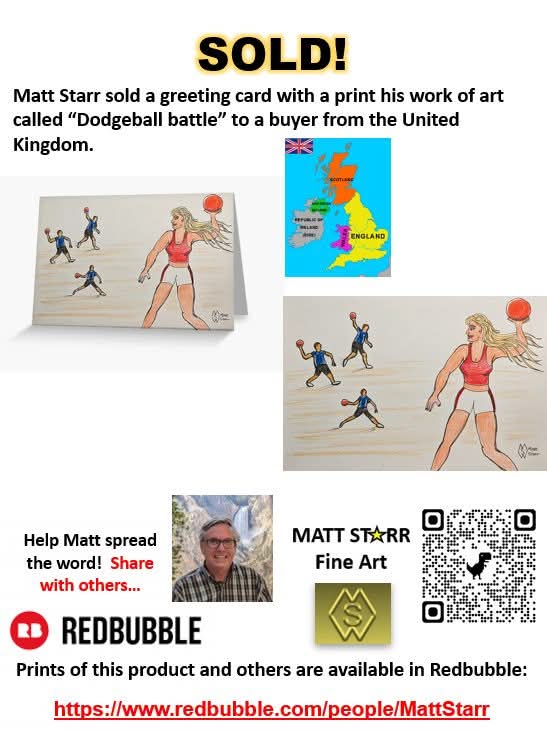 MattStarrFineA1's tweet image. I recently sold a greeting card with a print of my work of art called “Dodgeball Battle” to a buyer from the United Kingdom my Redbubble art shop. redbubble.com/shop/ap/154644…

#mattstarrfineart #Dodgeball #greetingcards #sports #greetingcard #art #paintings #artforsale #artist