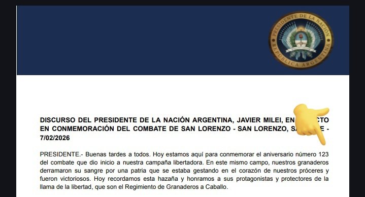 En su discurso Milei dijo que es el 123° aniversario del combate de San Lorenzo. En realidad, son 213 años. En el discurso que envía Presidencia sostienen el error. Cuiden al presidente.