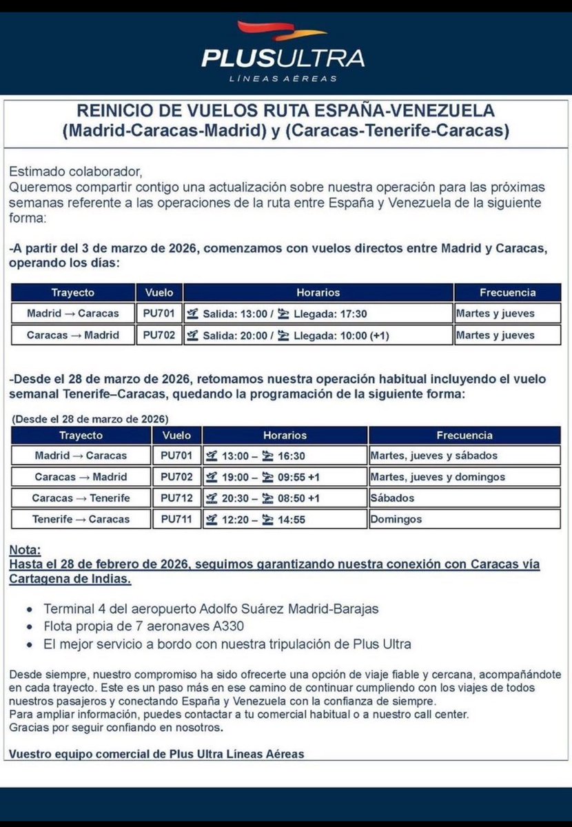 ❕PLUS ULTRA también retoma el vuelo entre Caracas y Madrid el 3 de marzo con dos vuelos( martes y jueves) y 3 vuelos semanales operado los martes, jueves y sábados desde el 28 de marzo.