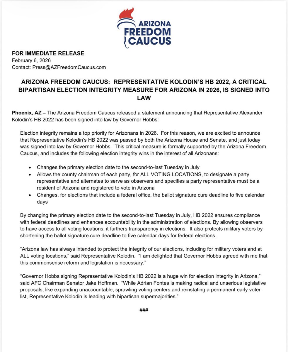 SFC_Network's tweet image. 🚨🚨ICYMI: In a huge win for @AZFreedomCaucus led by @realAlexKolodin, AZ Governor Hobbs has signed Rep. Kolodin’s HB 2022 into law — a major election integrity win for 2026, strengthening accountability &amp;amp; voter confidence across the state. 🇺🇸 #ElectionIntegrity